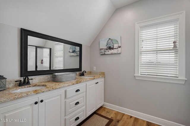 446 Newman Camp Rd, Sumrall, MS 39482 - bathroom featuring wood finished floors, lofted ceiling, double vanity, baseboards, and plenty of natural light