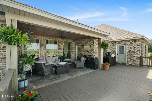 446 Newman Camp Rd, Sumrall, MS 39482 - wooden deck featuring an outdoor living space and ceiling fan