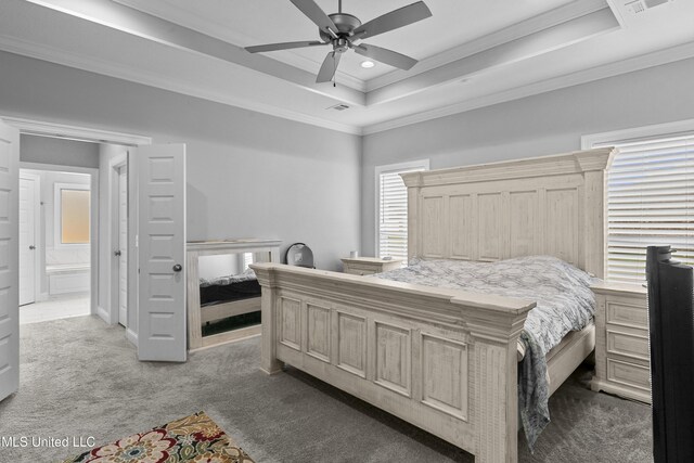 962 Glenwild Cir, Canton, MS 39046 - bedroom with carpet floors, a tray ceiling, ornamental molding, recessed lighting, and ceiling fan
