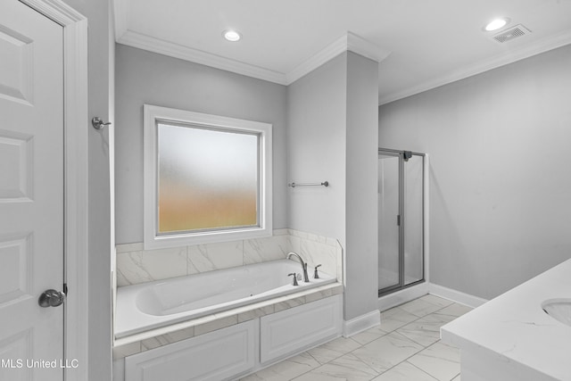 962 Glenwild Cir, Canton, MS 39046 - bathroom with marble finish floors, a shower stall, ornamental molding, a garden tub, and recessed lighting