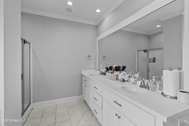962 Glenwild Cir, Canton, MS 39046 - full bathroom with marble finish floors, a stall shower, crown molding, double vanity, and recessed lighting