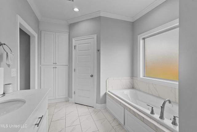 962 Glenwild Cir, Canton, MS 39046 - full bathroom featuring marble finish floors, a bath, crown molding, vanity, and recessed lighting