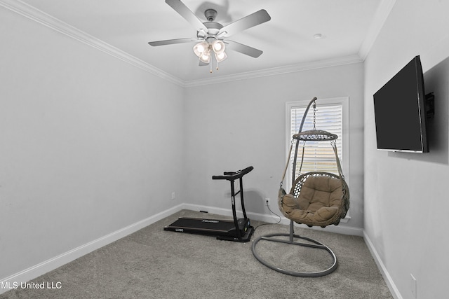 962 Glenwild Cir, Canton, MS 39046 - exercise area featuring carpet, crown molding, baseboards, and a ceiling fan