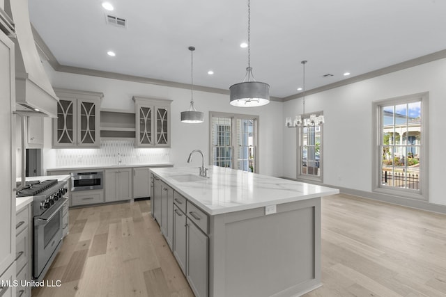 kitchen featuring appliances with stainless steel finishes, a sink, gray cabinets, decorative backsplash, and light wood-style floors