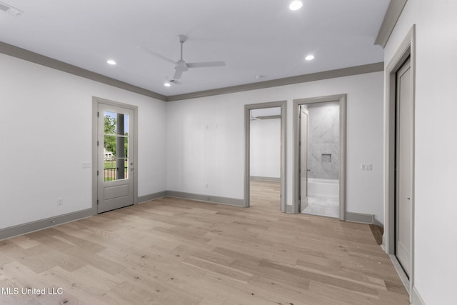 unfurnished bedroom with light wood-style flooring, recessed lighting, ensuite bath, baseboards, and access to outside