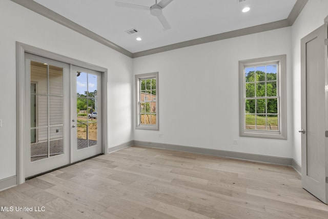 spare room featuring a ceiling fan, light wood-style flooring, baseboards, recessed lighting, and french doors