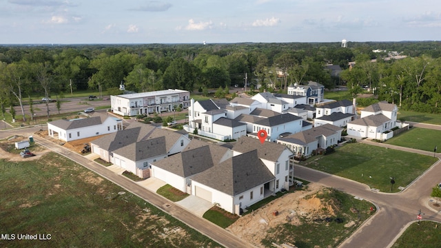 aerial perspective of suburban area with a forest