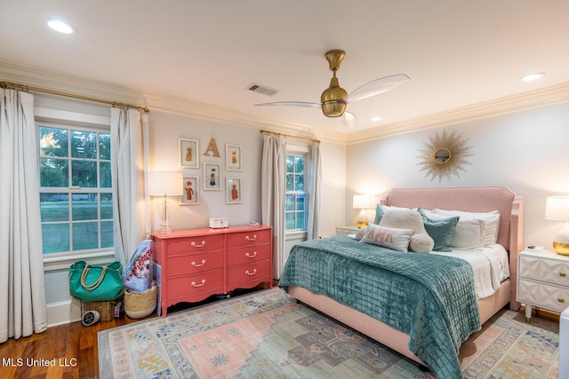 102 Melrose Montebello Pkwy, Natchez, MS 39120 - bedroom with ornamental molding, wood finished floors, a ceiling fan, and recessed lighting