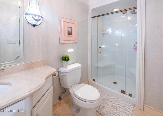 102 Melrose Montebello Pkwy, Natchez, MS 39120 - full bathroom featuring vanity, tile patterned floors, a stall shower, and wallpapered walls