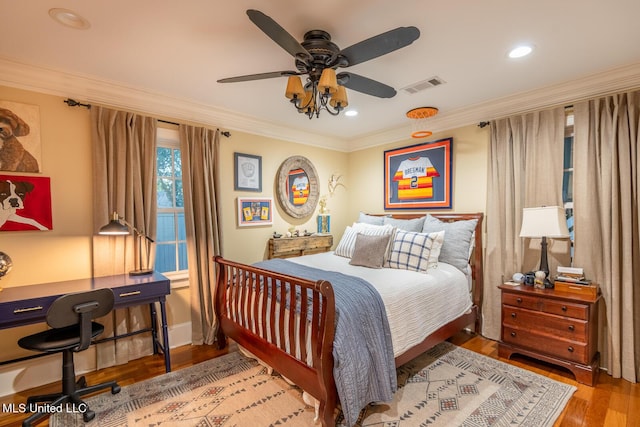 102 Melrose Montebello Pkwy, Natchez, MS 39120 - bedroom featuring crown molding, wood finished floors, an office area, recessed lighting, and ceiling fan