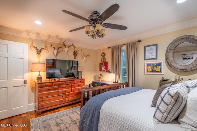 102 Melrose Montebello Pkwy, Natchez, MS 39120 - bedroom with ornamental molding, wood finished floors, recessed lighting, and ceiling fan