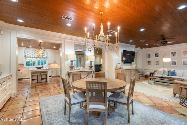 102 Melrose Montebello Pkwy, Natchez, MS 39120 - dining room with a chandelier, wooden ceiling, light tile patterned flooring, recessed lighting, and ceiling fan