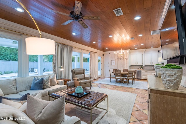 102 Melrose Montebello Pkwy, Natchez, MS 39120 - living area with wood ceiling, healthy amount of natural light, light tile patterned flooring, a chandelier, and recessed lighting