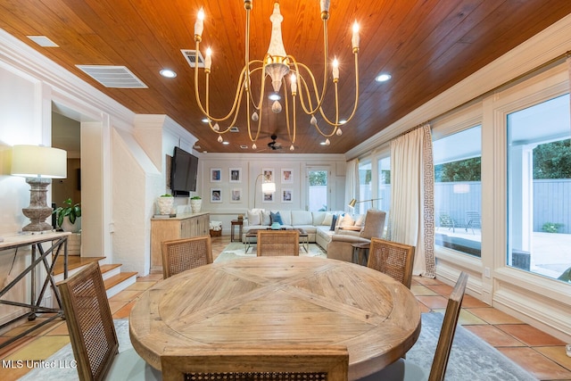 102 Melrose Montebello Pkwy, Natchez, MS 39120 - dining room featuring wooden ceiling, a chandelier, crown molding, recessed lighting, and light tile patterned floors