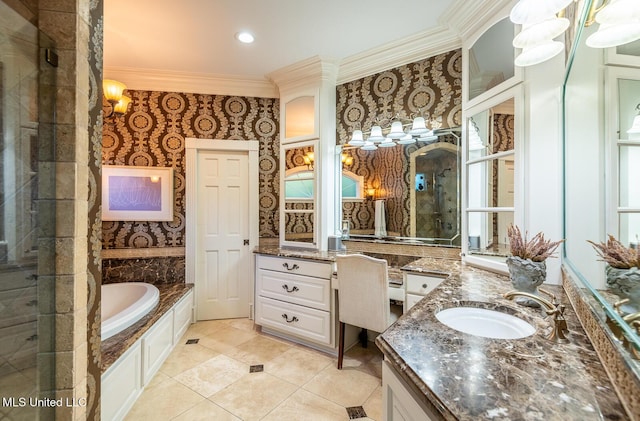 102 Melrose Montebello Pkwy, Natchez, MS 39120 - bathroom featuring crown molding, wallpapered walls, vanity, a garden tub, and a shower stall