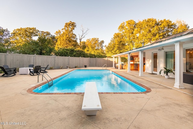 102 Melrose Montebello Pkwy, Natchez, MS 39120 - view of pool with a patio, a fenced backyard, a diving board, and a ceiling fan