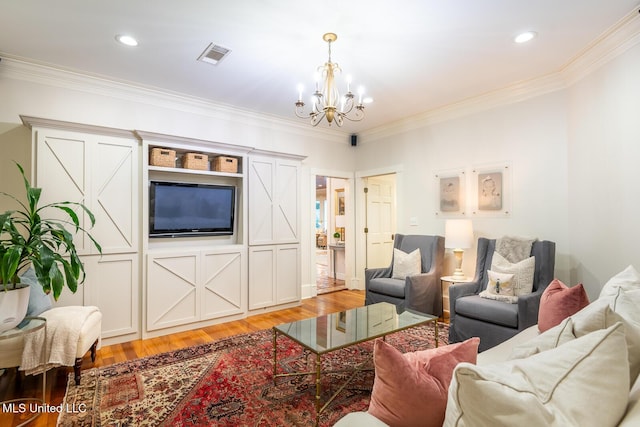 102 Melrose Montebello Pkwy, Natchez, MS 39120 - living area featuring a chandelier, light wood-style flooring, and crown molding