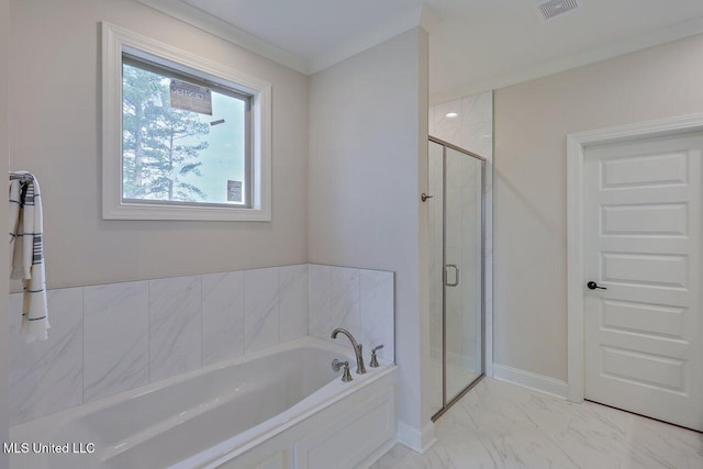 bathroom featuring independent shower and bath and ornamental molding