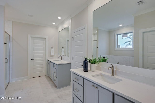 bathroom featuring ornamental molding, vanity, and walk in shower