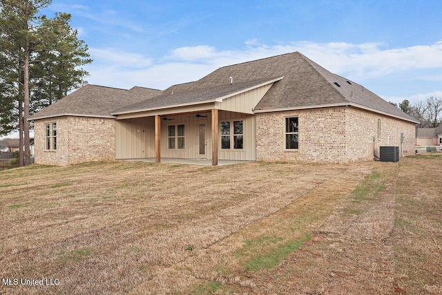 rear view of property with central AC, a patio, a lawn, and ceiling fan