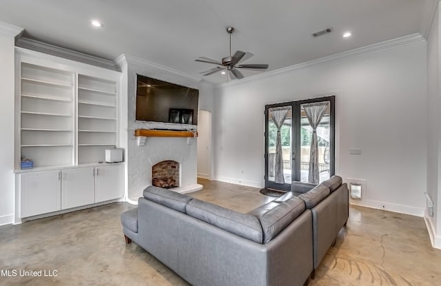 625 Wild Horse Ln, Brandon, MS 39042 - living area with ornamental molding, a ceiling fan, a large fireplace, recessed lighting, and concrete floors