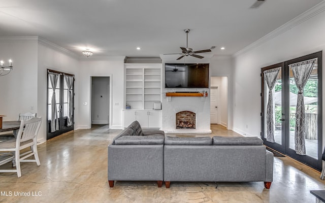 625 Wild Horse Ln, Brandon, MS 39042 - living area with french doors, ornamental molding, recessed lighting, a fireplace, and ceiling fan