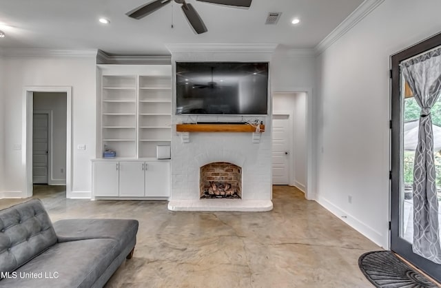 625 Wild Horse Ln, Brandon, MS 39042 - living room featuring ceiling fan, ornamental molding, a brick fireplace, concrete floors, and recessed lighting