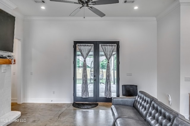 625 Wild Horse Ln, Brandon, MS 39042 - foyer entrance with french doors, concrete flooring, crown molding, ceiling fan, and recessed lighting