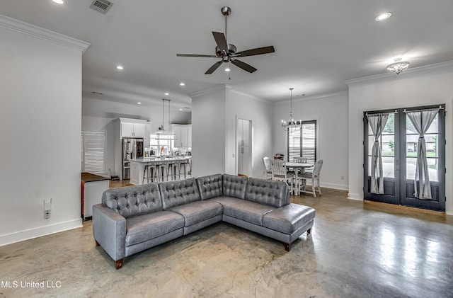 625 Wild Horse Ln, Brandon, MS 39042 - living room with concrete floors, a chandelier, french doors, ceiling fan, and recessed lighting
