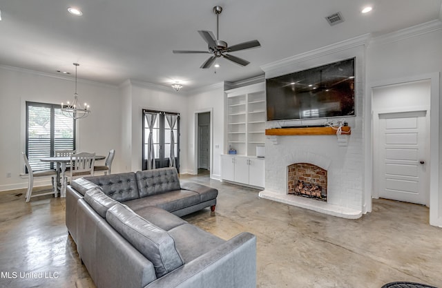 625 Wild Horse Ln, Brandon, MS 39042 - living room featuring a chandelier, recessed lighting, a fireplace, a ceiling fan, and concrete floors