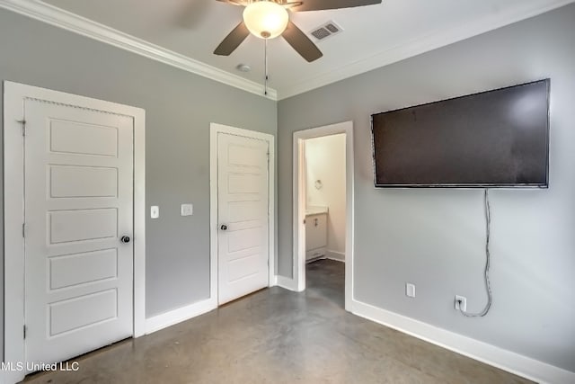 625 Wild Horse Ln, Brandon, MS 39042 - unfurnished bedroom with ornamental molding, finished concrete flooring, and a ceiling fan