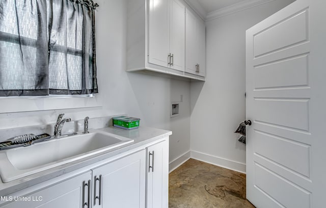 625 Wild Horse Ln, Brandon, MS 39042 - laundry area featuring ornamental molding, washer hookup, and cabinet space