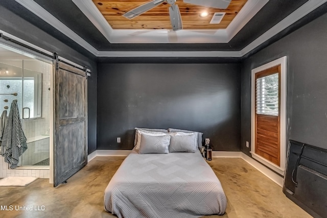 625 Wild Horse Ln, Brandon, MS 39042 - bedroom featuring wooden ceiling, a barn door, ornamental molding, a raised ceiling, and concrete floors