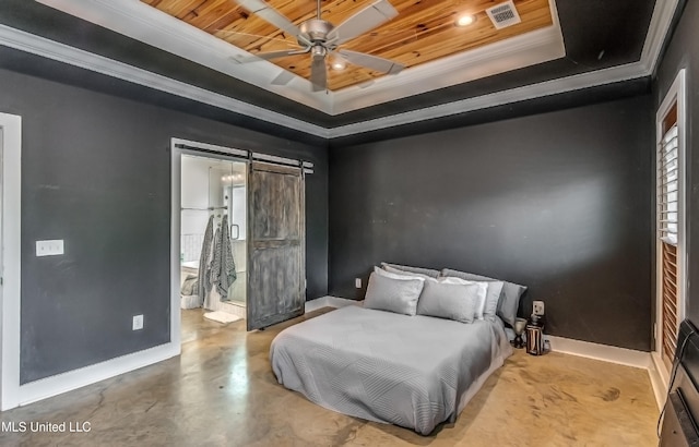 625 Wild Horse Ln, Brandon, MS 39042 - bedroom with a tray ceiling, ornamental molding, wooden ceiling, a barn door, and concrete floors