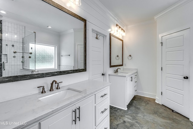 625 Wild Horse Ln, Brandon, MS 39042 - bathroom featuring ornamental molding, a stall shower, two vanities, concrete flooring, and recessed lighting