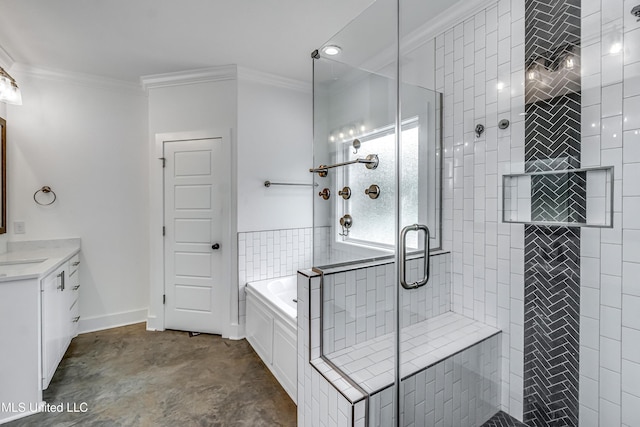 625 Wild Horse Ln, Brandon, MS 39042 - bathroom featuring vanity, a garden tub, a shower stall, and crown molding