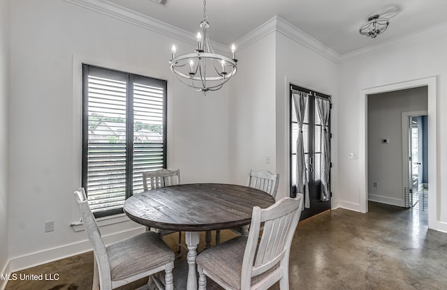 625 Wild Horse Ln, Brandon, MS 39042 - dining room with a chandelier, finished concrete floors, and ornamental molding