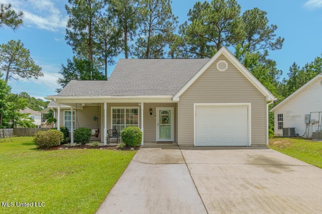view of front of home featuring driveway, central AC, covered porch, a garage, and roof with shingles