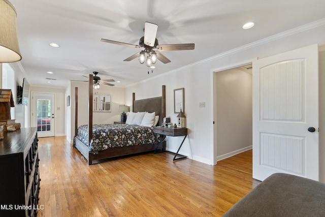 7300 W Shahkoka Dr, Olive Branch, MS 38654 - bedroom featuring light wood finished floors, baseboards, ornamental molding, recessed lighting, and a ceiling fan