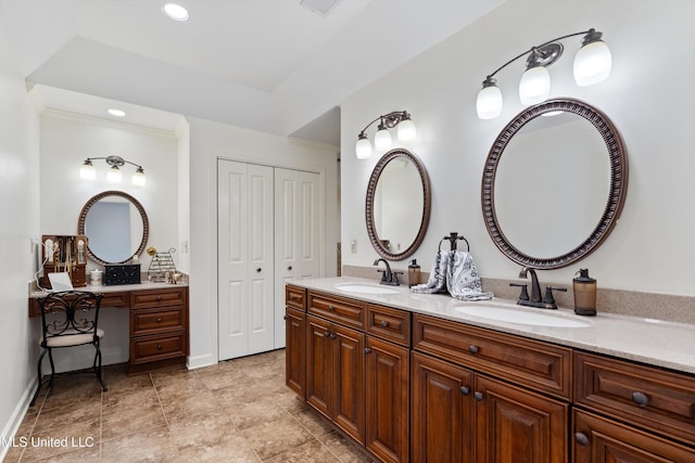 7300 W Shahkoka Dr, Olive Branch, MS 38654 - bathroom featuring double vanity, recessed lighting, ornamental molding, and tile patterned floors