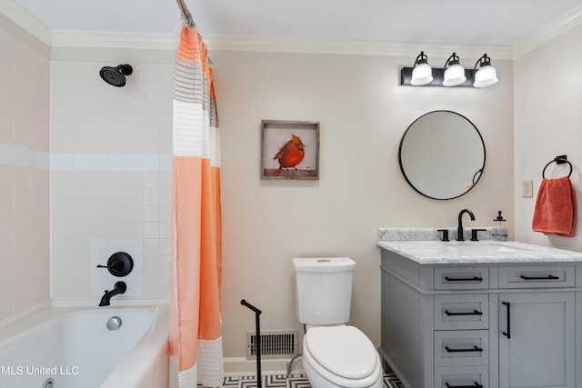 7300 W Shahkoka Dr, Olive Branch, MS 38654 - full bath with vanity, shower / bathtub combination with curtain, baseboards, toilet, and crown molding