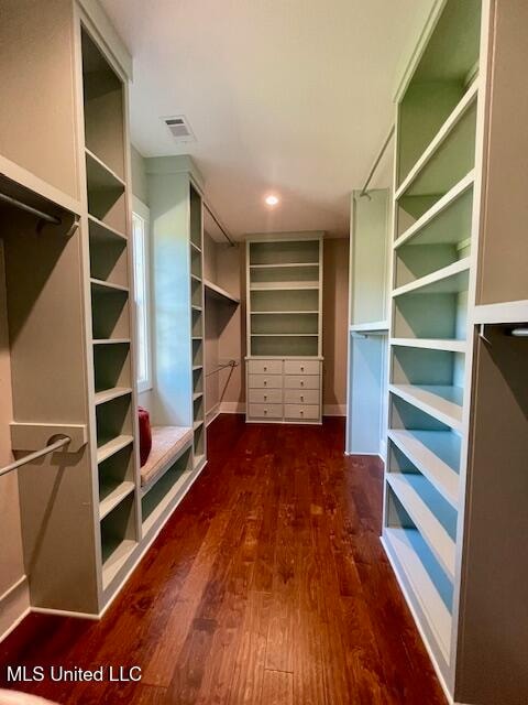 spacious closet featuring dark hardwood / wood-style flooring