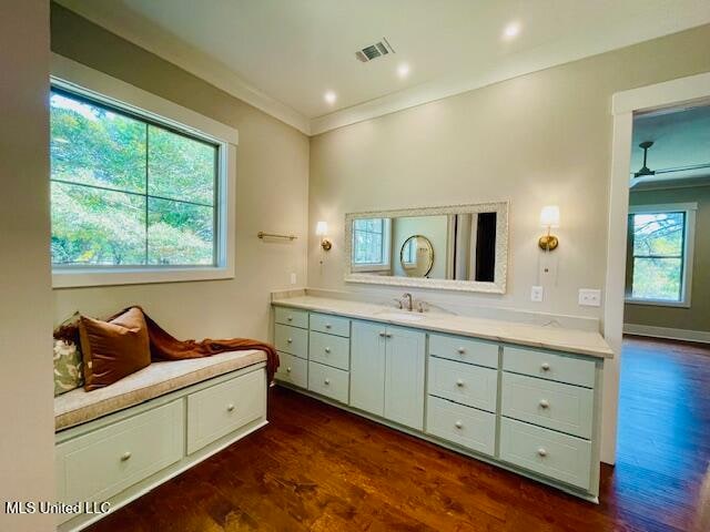 bathroom with hardwood / wood-style floors, vanity, and crown molding