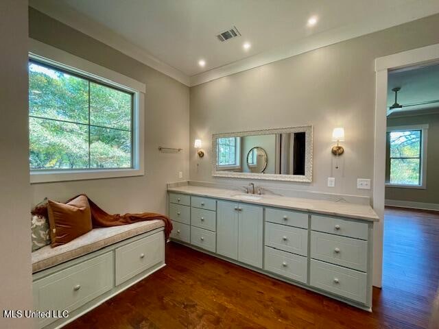 bathroom featuring a wealth of natural light, hardwood / wood-style floors, and crown molding