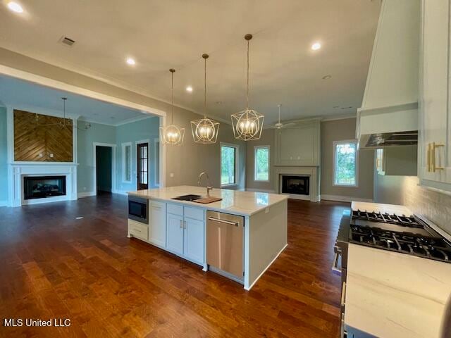 kitchen with sink, stainless steel appliances, a fireplace, and an island with sink