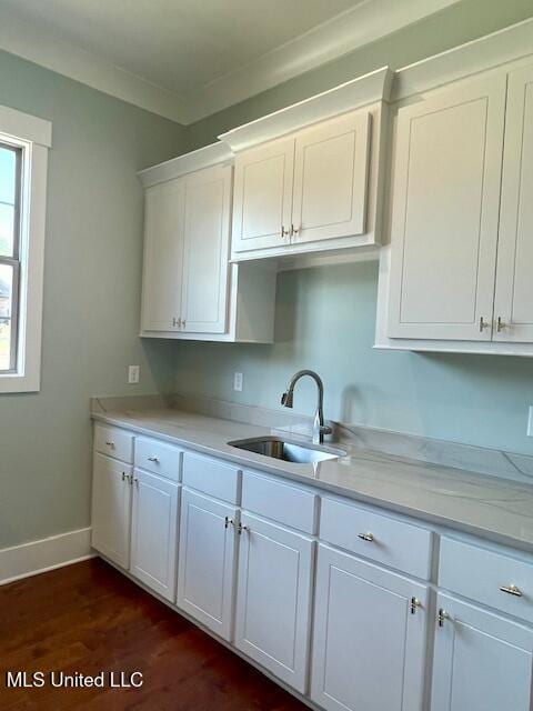 kitchen with dark hardwood / wood-style floors, white cabinetry, crown molding, and sink