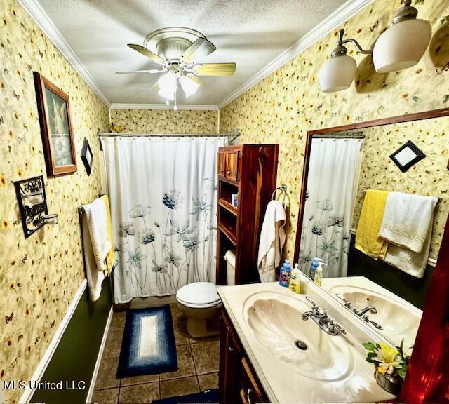 full bathroom with toilet, ornamental molding, a textured ceiling, vanity, and wallpapered walls