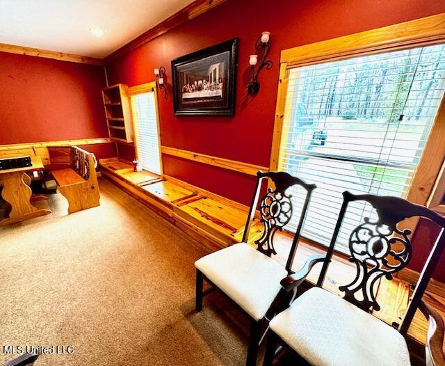 interior space featuring ornamental molding and carpet flooring