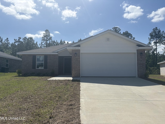 18059 Tiffany Renee Dr, Gulfport, MS 39503 - ranch-style home with brick siding, driveway, a garage, a front yard, and cooling unit
