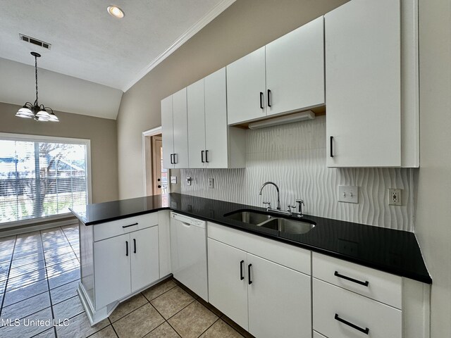 kitchen featuring dishwasher, sink, kitchen peninsula, tasteful backsplash, and white cabinetry